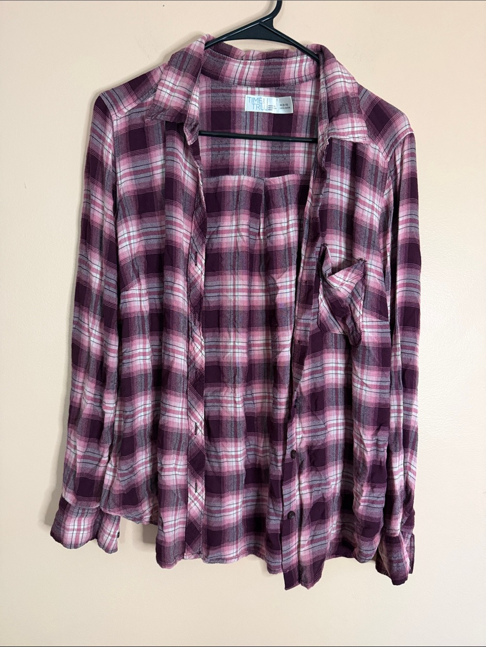 Time and Tru Pink and Burgundy Plaid Button-Down Shirt